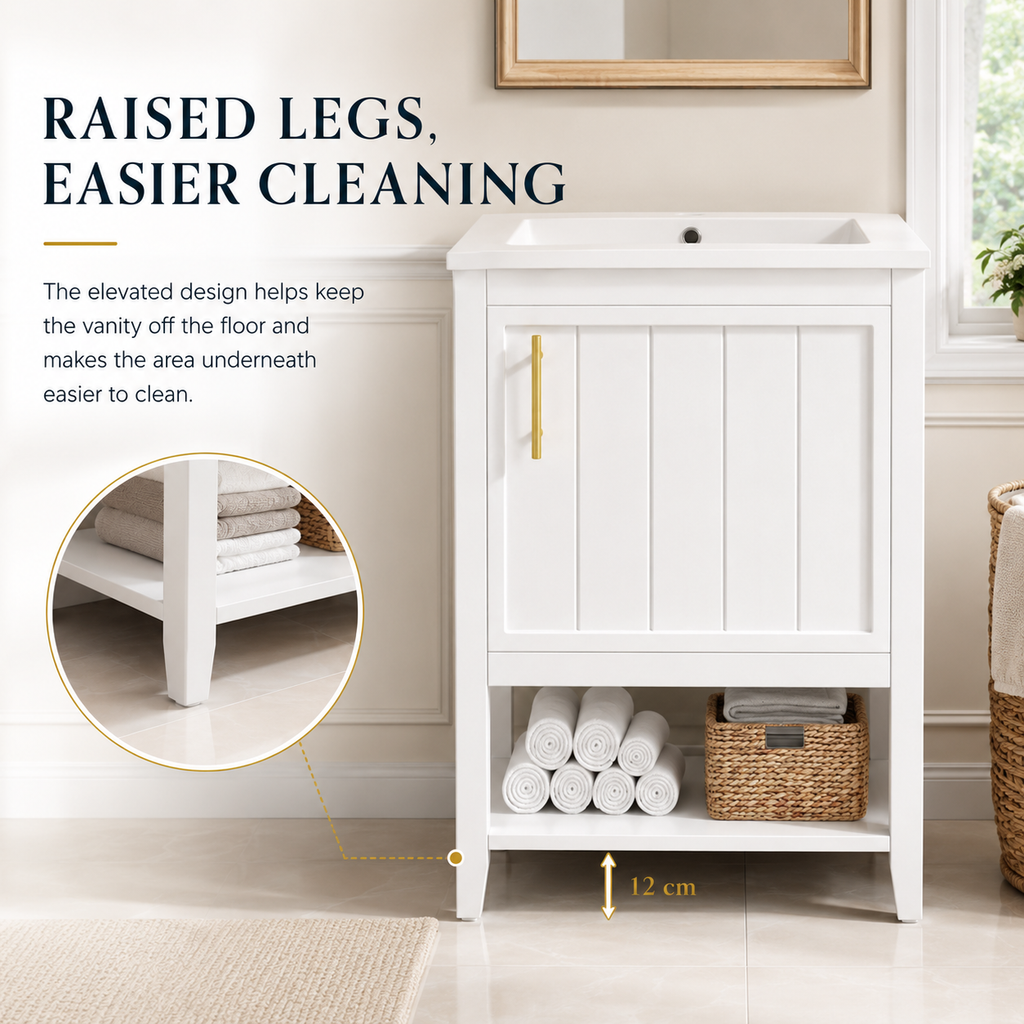 61 cm Freestanding Bathroom Vanity with Ceramic Sink, Door Storage, Open Bottom Shelf, Raised Legs and Gold Handle, Modern White