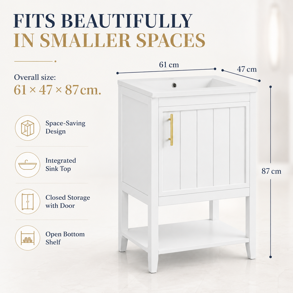 61 cm Freestanding Bathroom Vanity with Ceramic Sink, Door Storage, Open Bottom Shelf, Raised Legs and Gold Handle, Modern White
