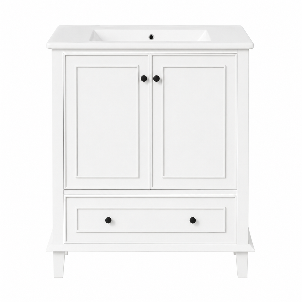 76 cm Freestanding Bathroom Vanity with Ceramic Sink, Double Doors, Drawer, Adjustable Shelf, Solid Wood Legs, Painted White MDF