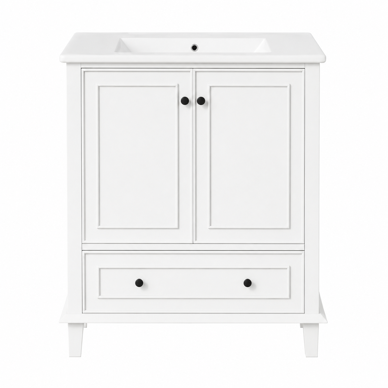76 cm freistehender Badezimmer-Waschtisch mit Keramikwaschbecken, Doppeltüren, Schublade, verstellbarem Einlegeboden, Massivholzbeinen, lackiertem weißem MDF