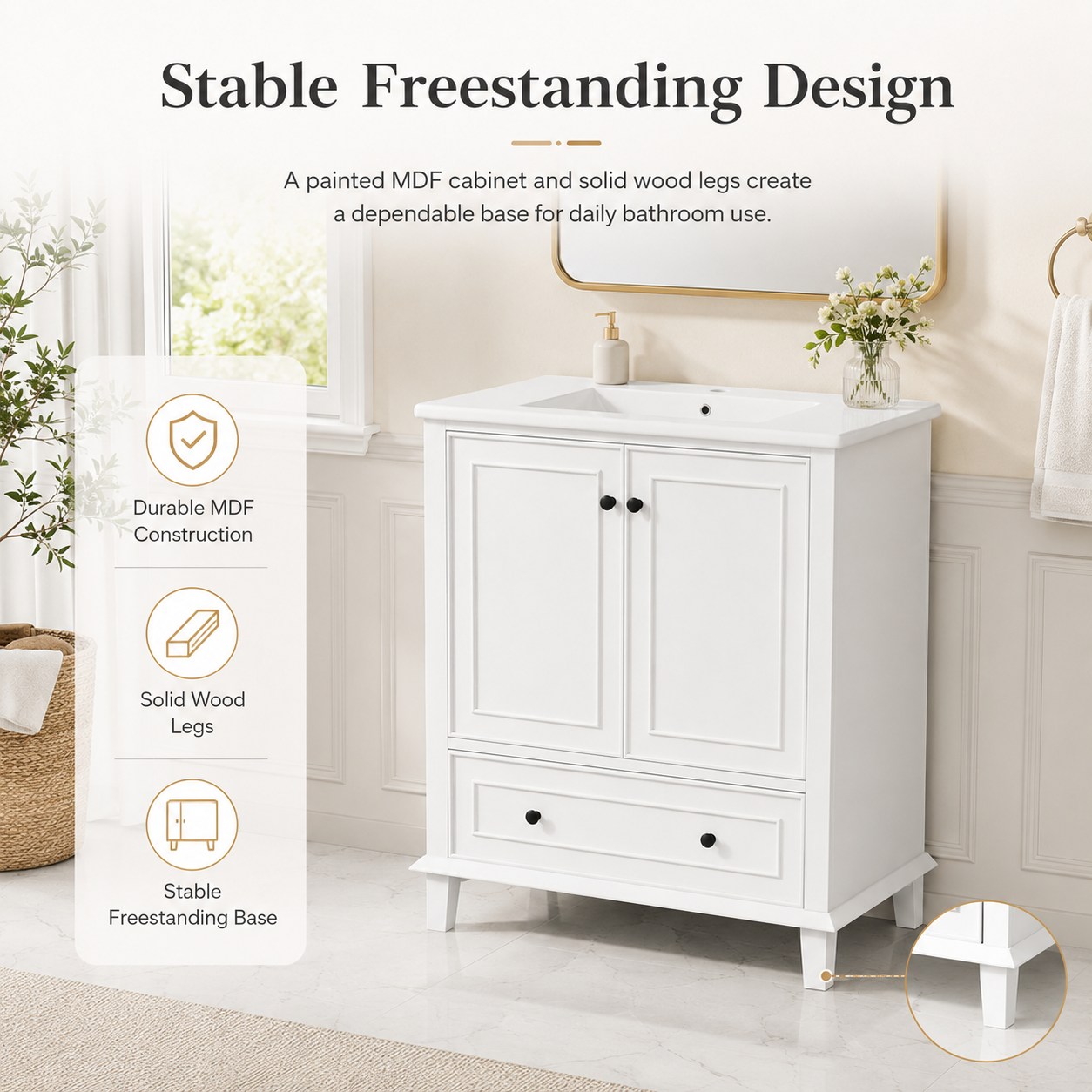76 cm freistehender Badezimmer-Waschtisch mit Keramikwaschbecken, Doppeltüren, Schublade, verstellbarem Einlegeboden, Massivholzbeinen, lackiertem weißem MDF