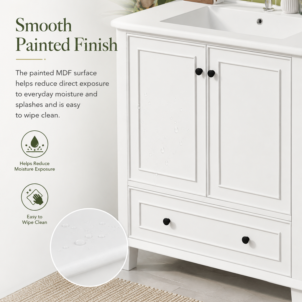 76 cm Freestanding Bathroom Vanity with Ceramic Sink, Double Doors, Drawer, Adjustable Shelf, Solid Wood Legs, Painted White MDF