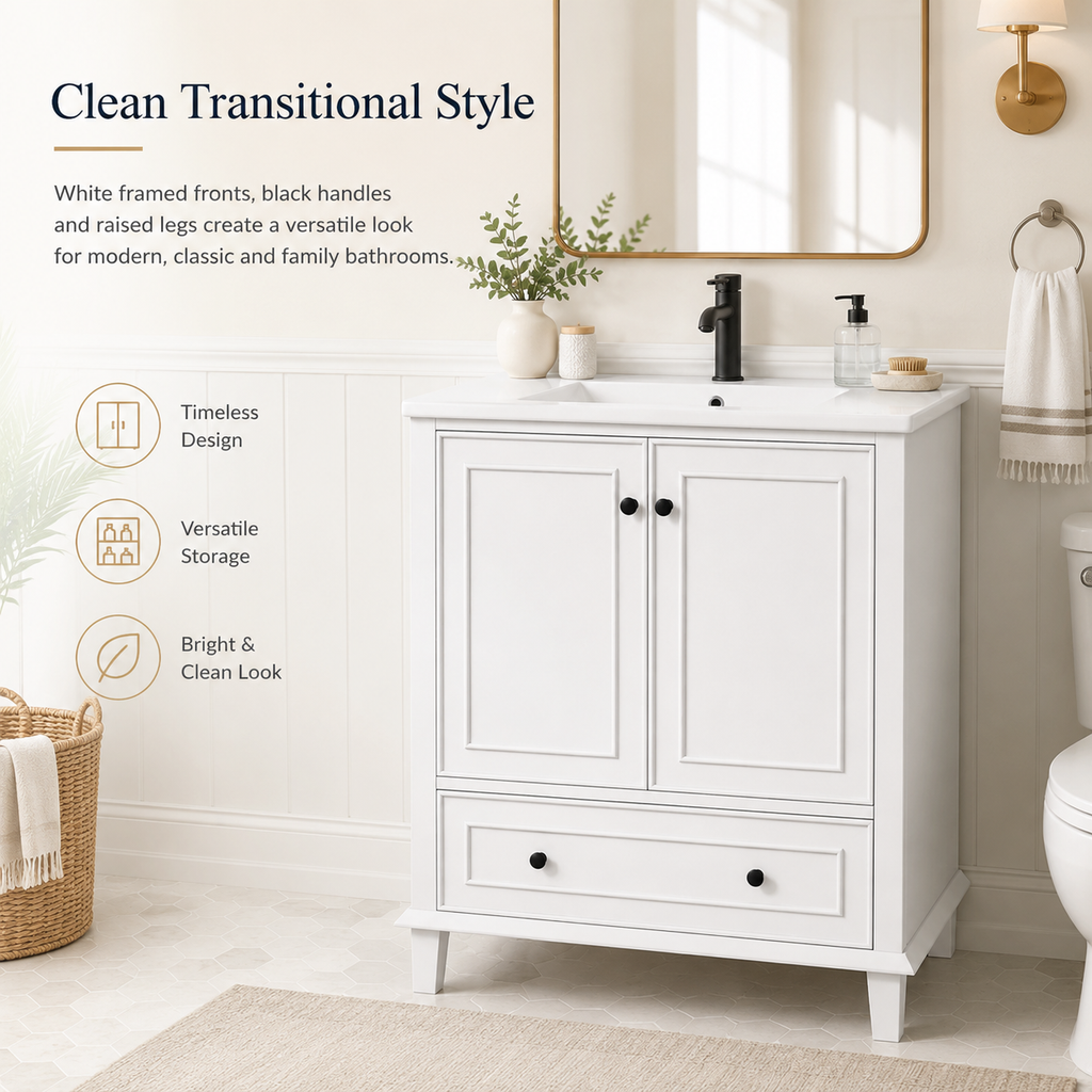 76 cm Freestanding Bathroom Vanity with Ceramic Sink, Double Doors, Drawer, Adjustable Shelf, Solid Wood Legs, Painted White MDF
