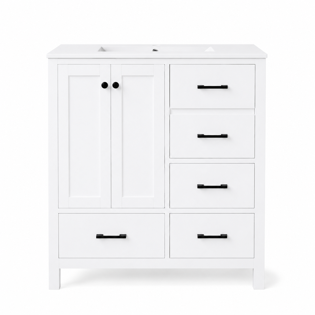 76 cm freistehender Badschrank mit Keramikwaschbecken, eintürigem Schrank, 4 Schubladen, 3 verstellbaren Einlegeböden und erhöhten Füßen, Weiß