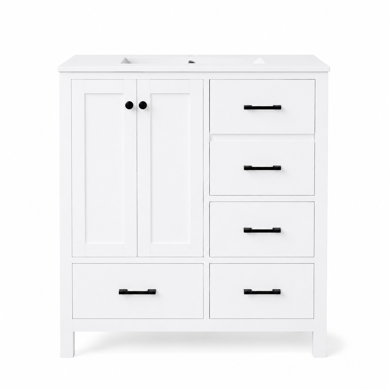 76 cm freistehender Badschrank mit Keramikwaschbecken, eintürigem Schrank, 4 Schubladen, 3 verstellbaren Einlegeböden und erhöhten Füßen, Weiß
