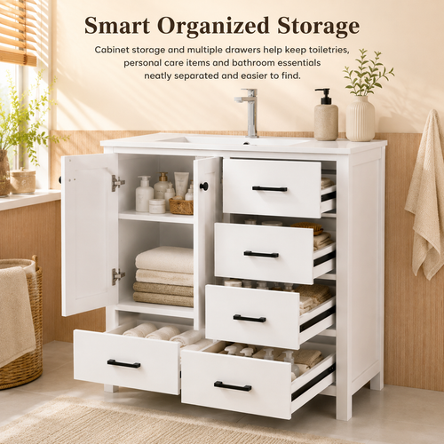 76 cm Freestanding Bathroom Vanity with Ceramic Sink, Single-Door Cabinet, 4 Drawers, 3 Adjustable Shelves and Raised Feet, White