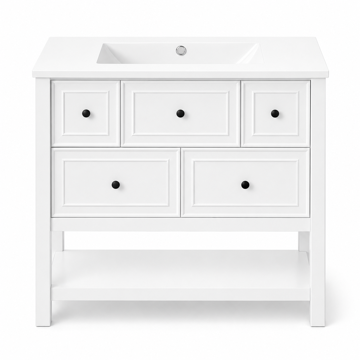 76 cm freistehender Badezimmer-Waschtisch mit Keramikwaschbecken, 5 Schubladen, offenem Bodenregal, leisen Auszügen und weiß lackierter Oberfläche, modern