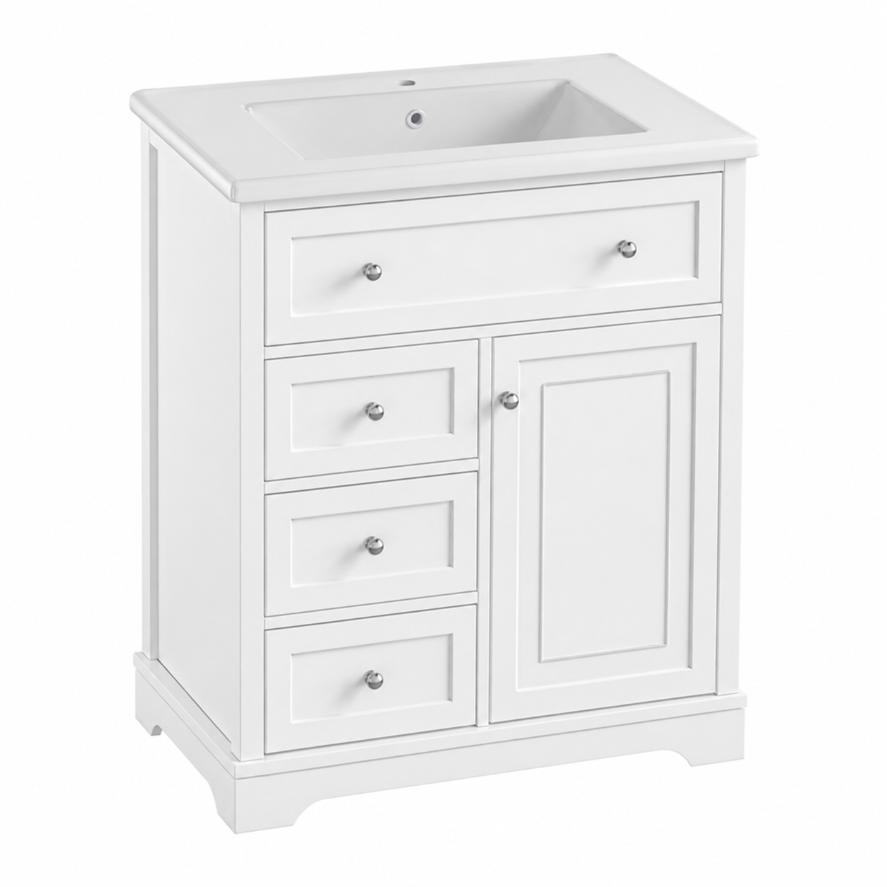 76 cm freistehender Badezimmer-Waschtisch mit Keramikwaschbecken, 3 Schubladen, Klappfach, Türregalen und weiß lackierter Oberfläche, Modern