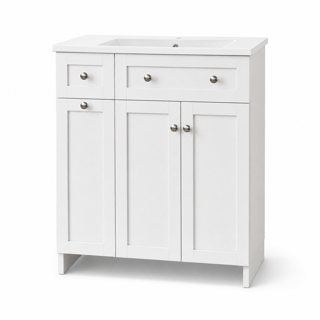 76 cm freistehender Badschrank mit Keramikwaschbecken, Schubladen in verschiedenen Größen, Doppeltür-Stauraum, Soft-Close-Beschlägen, Modern Weiß