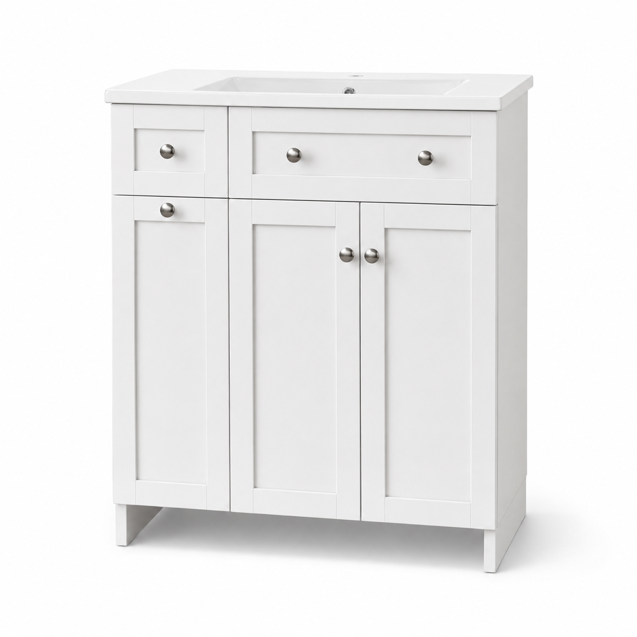 76 cm freistehender Badschrank mit Keramikwaschbecken, Schubladen in verschiedenen Größen, Doppeltür-Stauraum, Soft-Close-Beschlägen, Modern Weiß