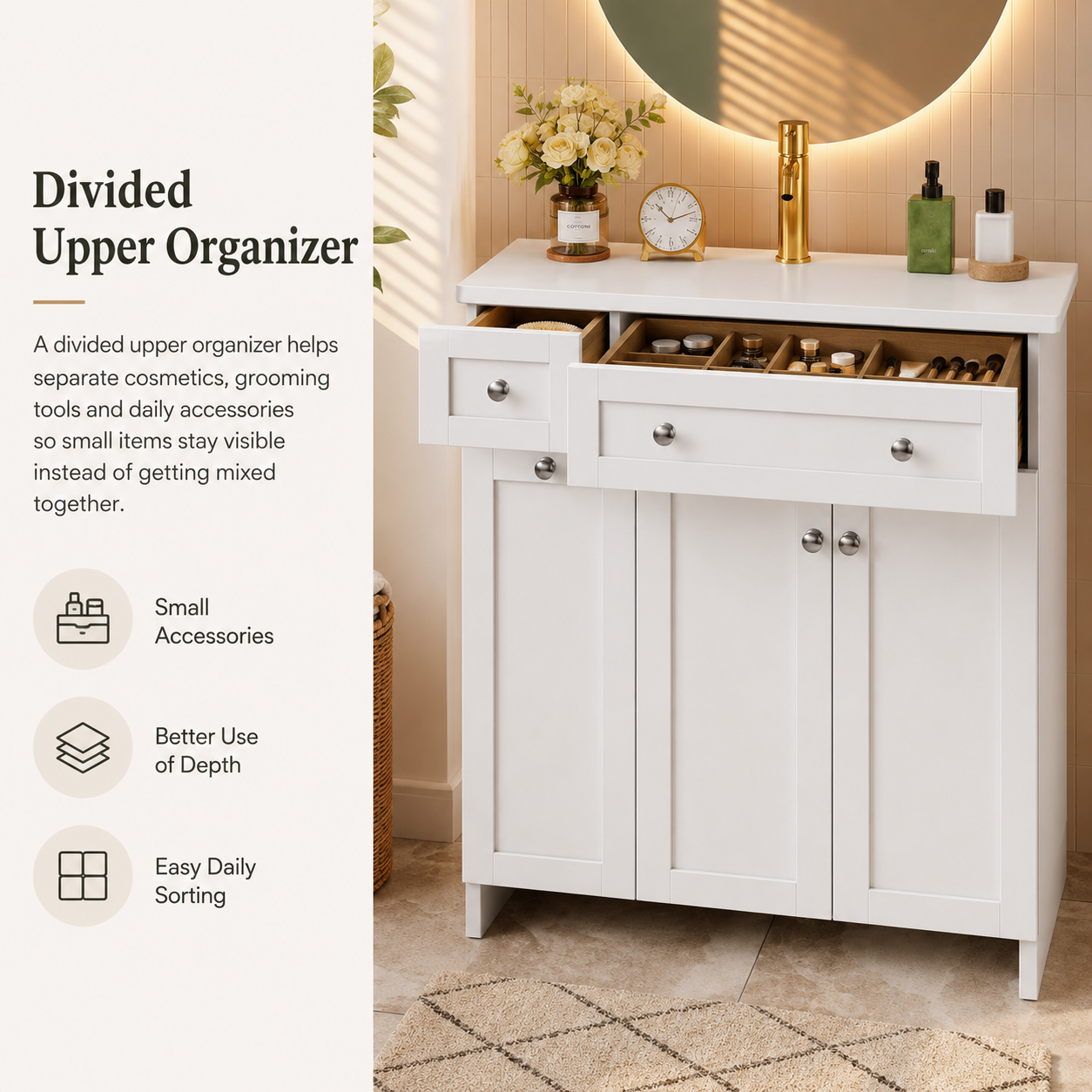 76 cm freistehender Badschrank mit Keramikwaschbecken, Schubladen in verschiedenen Größen, Doppeltür-Stauraum, Soft-Close-Beschlägen, Modern Weiß