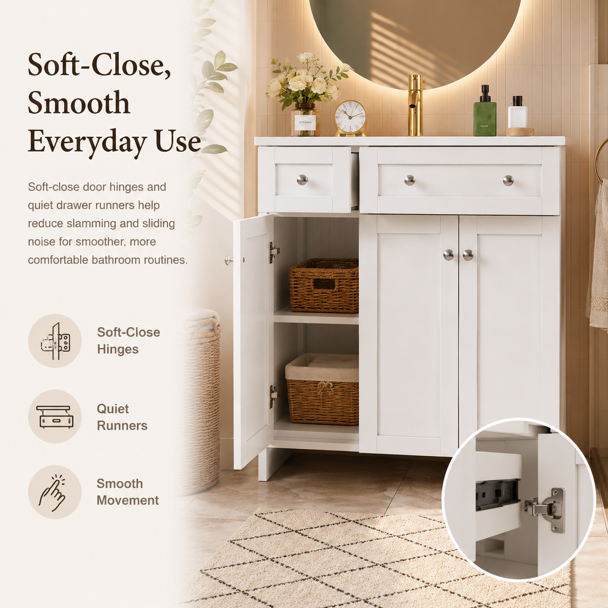 76 cm freistehender Badschrank mit Keramikwaschbecken, Schubladen in verschiedenen Größen, Doppeltür-Stauraum, Soft-Close-Beschlägen, Modern Weiß