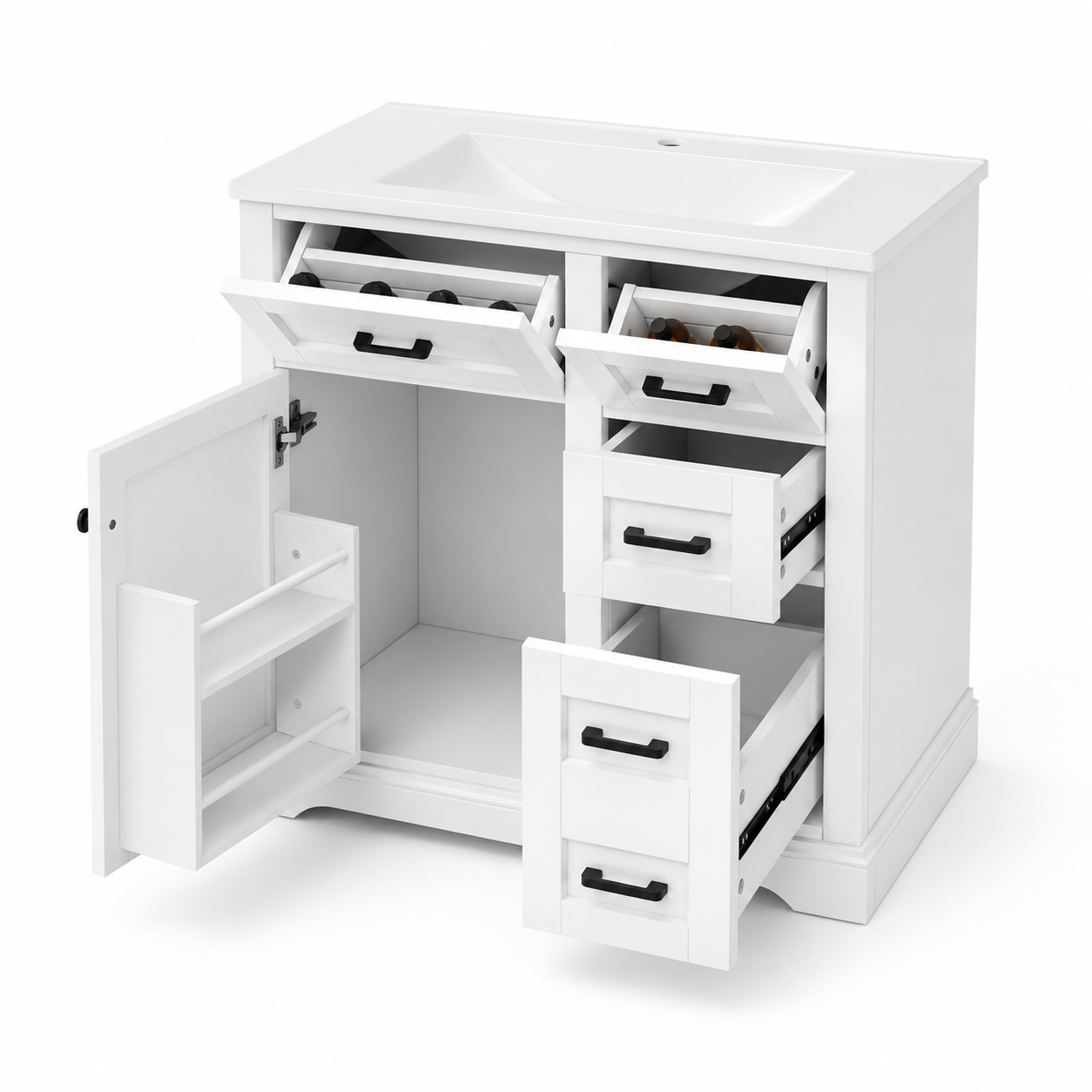 76 cm freistehender Badezimmer-Waschtisch mit Keramikbecken, herunterklappbarem Stauraum, seitlichen Auszügen, Türablagen und Soft-Close-Tür, Weiß