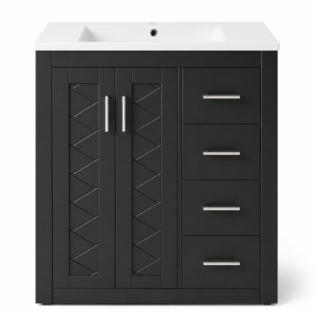 76 cm schwarzer, freistehender Badezimmerwaschtisch mit Keramikbecken, Doppeltürschrank, 3 Schubladen, Soft-Close-Beschlägen und silbernen Griffen