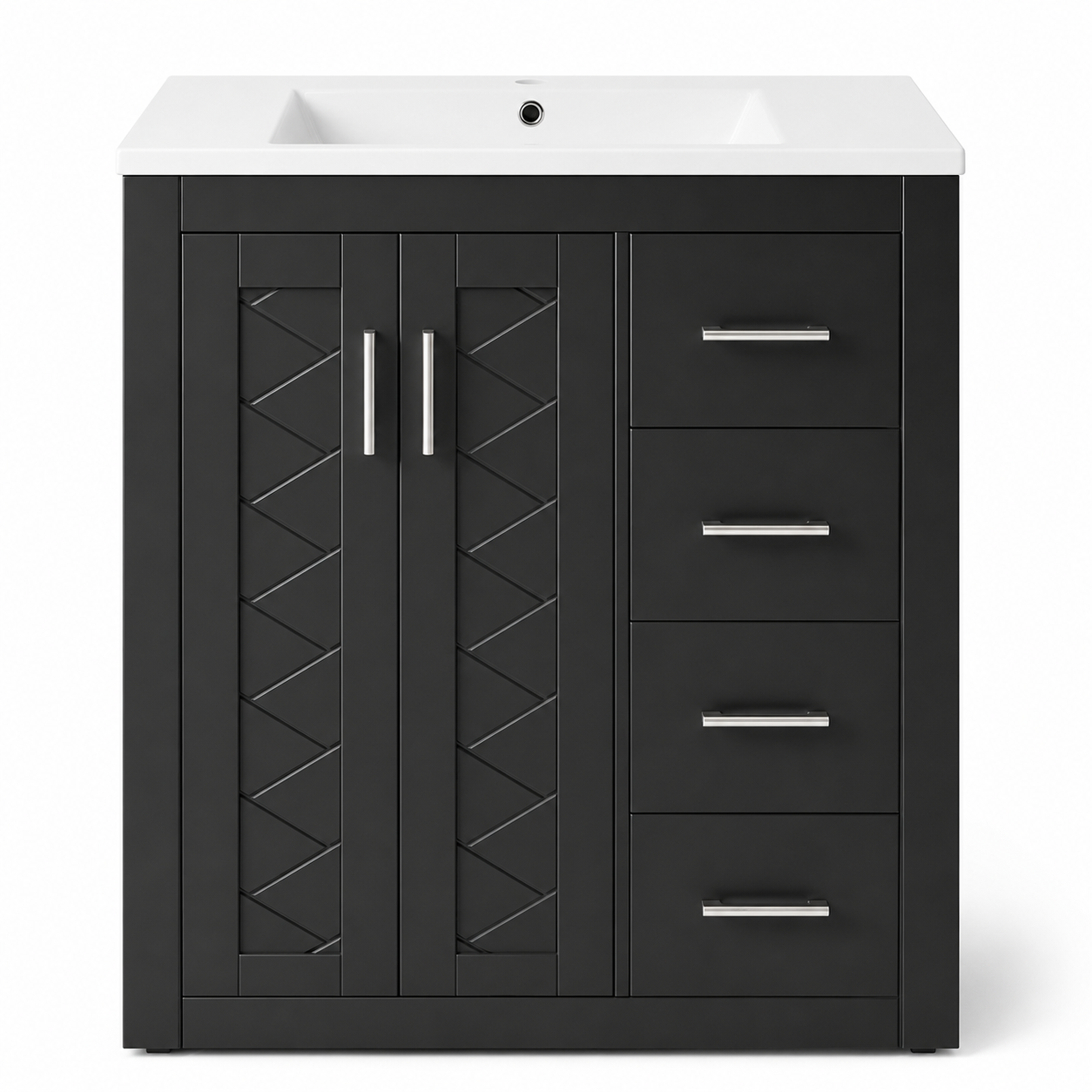 76 cm schwarzer, freistehender Badezimmerwaschtisch mit Keramikbecken, Doppeltürschrank, 3 Schubladen, Soft-Close-Beschlägen und silbernen Griffen