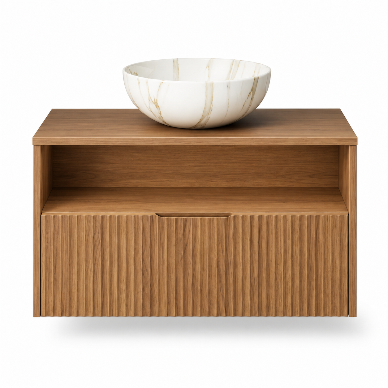 80 cm wandmontierter Badunterschrank mit Keramik-Aufsatzwaschbecken, Sensor-LED, Schublade, offener Ablage, Eichen-Finish und vormontiertem Schrank