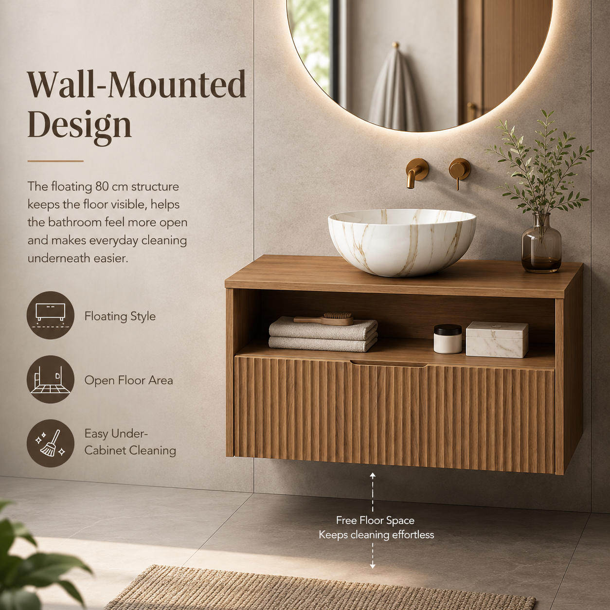 80 cm wandmontierter Badunterschrank mit Keramik-Aufsatzwaschbecken, Sensor-LED, Schublade, offener Ablage, Eichen-Finish und vormontiertem Schrank