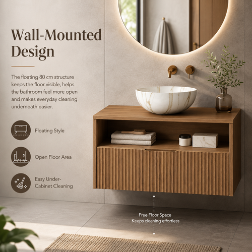 80 cm Wall-Mounted Bathroom Vanity with Ceramic Vessel Sink, Sensor LED, Drawer, Open Shelf, Oak Finish and Pre-Assembled Cabinet