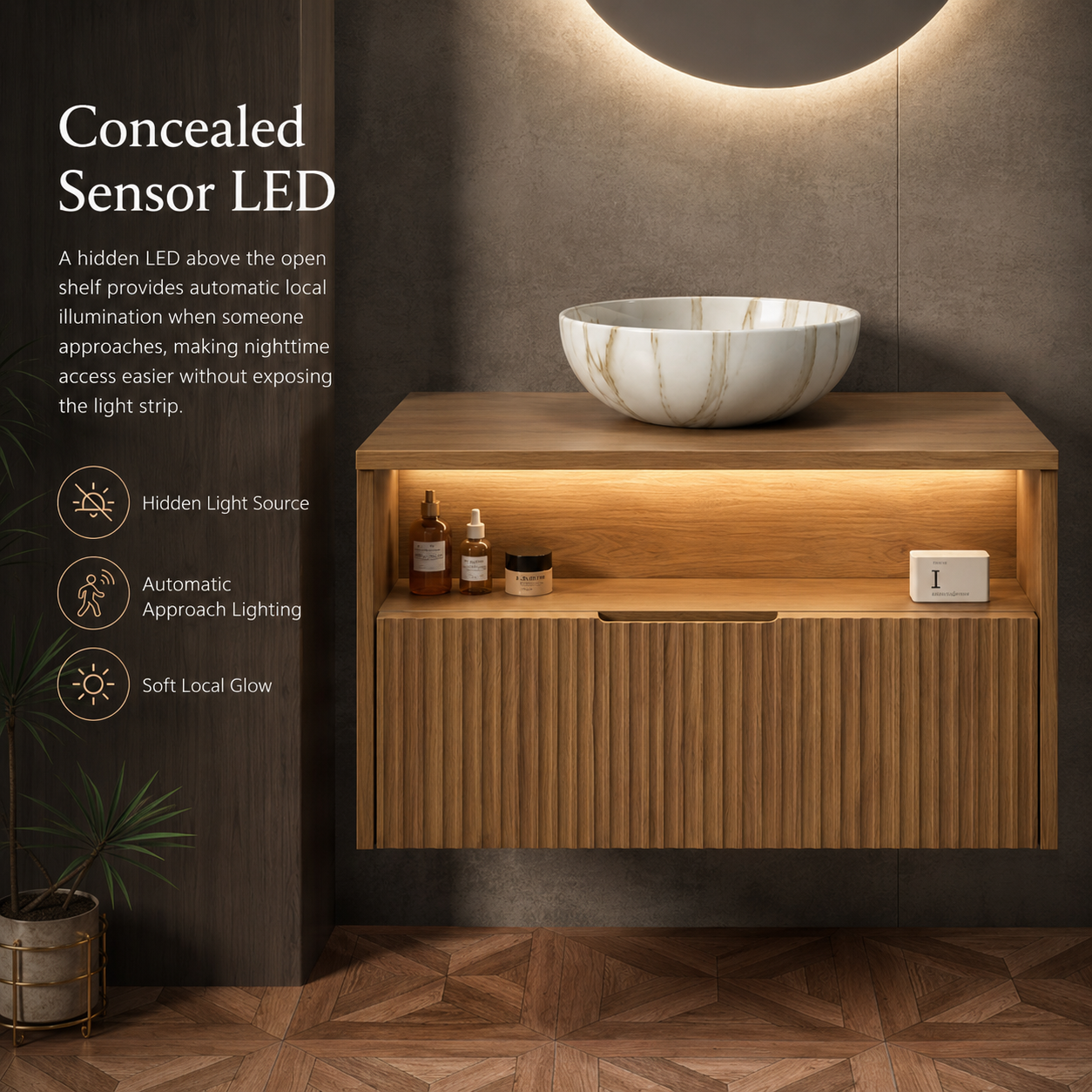 80 cm wandmontierter Badunterschrank mit Keramik-Aufsatzwaschbecken, Sensor-LED, Schublade, offener Ablage, Eichen-Finish und vormontiertem Schrank