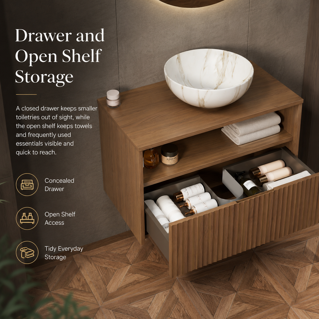 80 cm wandmontierter Badunterschrank mit Keramik-Aufsatzwaschbecken, Sensor-LED, Schublade, offener Ablage, Eichen-Finish und vormontiertem Schrank