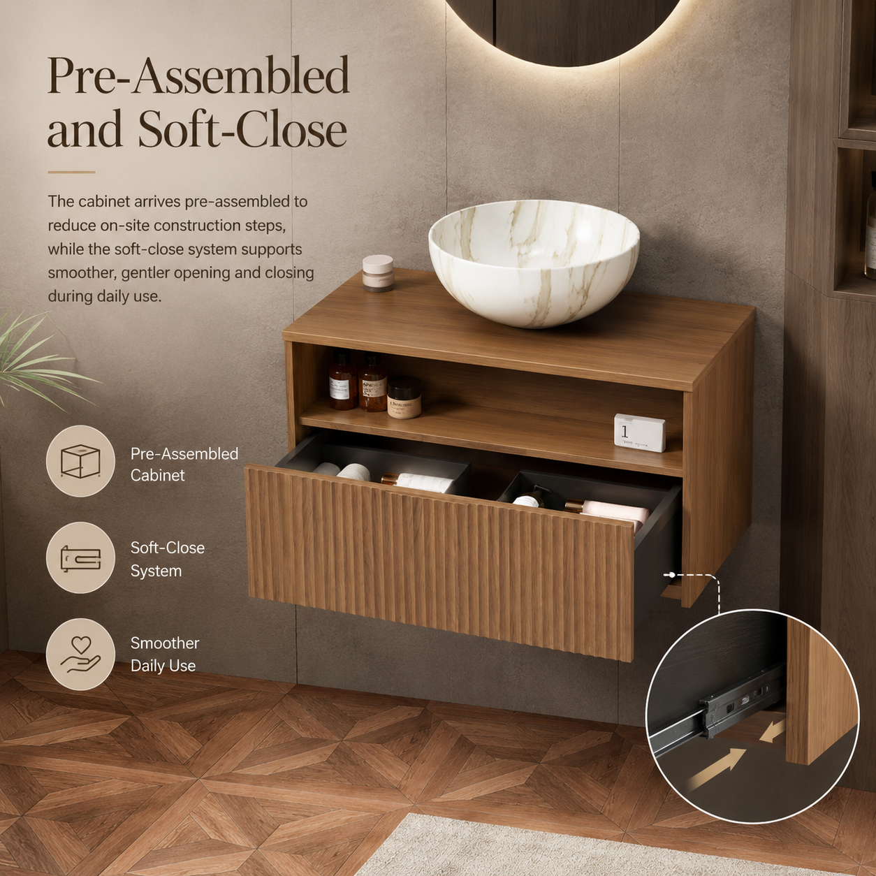 80 cm wandmontierter Badunterschrank mit Keramik-Aufsatzwaschbecken, Sensor-LED, Schublade, offener Ablage, Eichen-Finish und vormontiertem Schrank