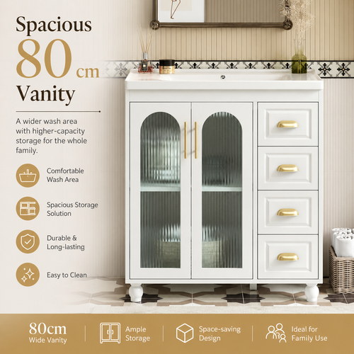 80 cm Freestanding Bathroom Vanity with Ceramic Sink, Glass Double-Door Cabinet, Side Cabinet, 3 Drawers and Gold Handles, White