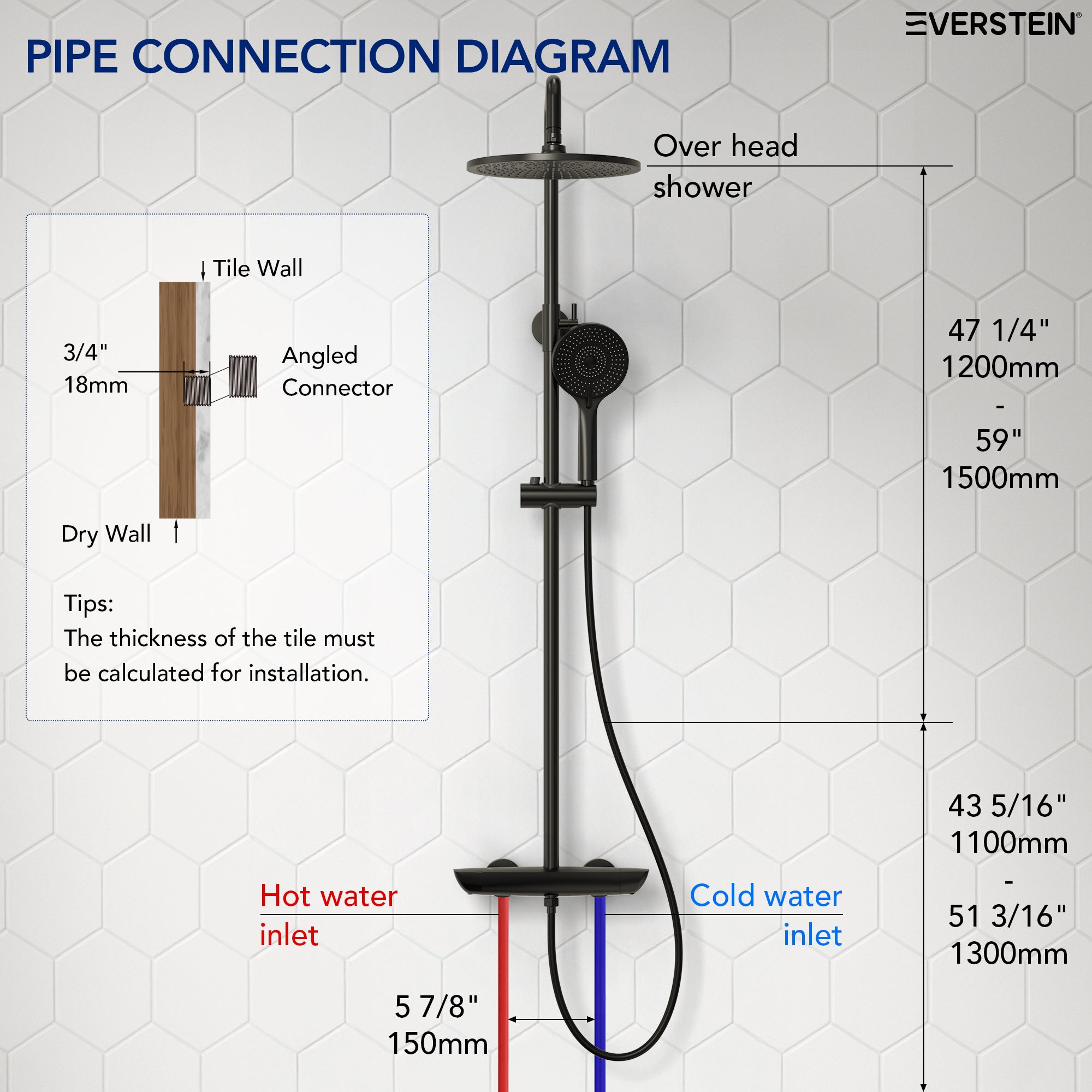 EVERSTEIN Thermostatic Shower System with Rain Shower and Hand Shower
