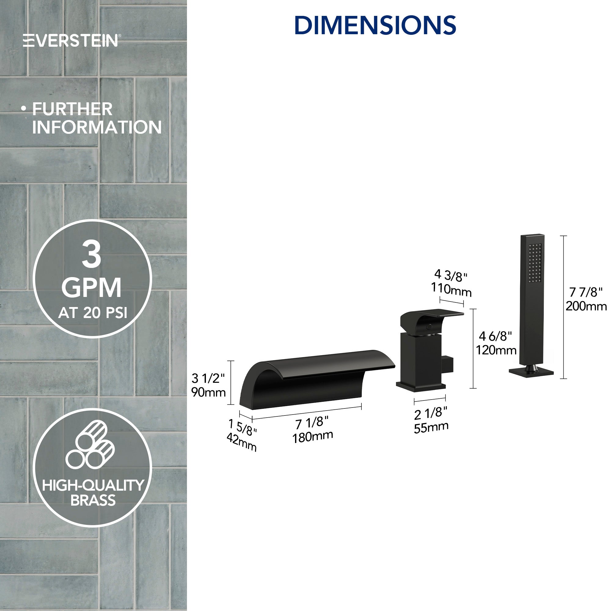 EVERSTEIN Waterfall Bathtub Faucet with Hand Shower