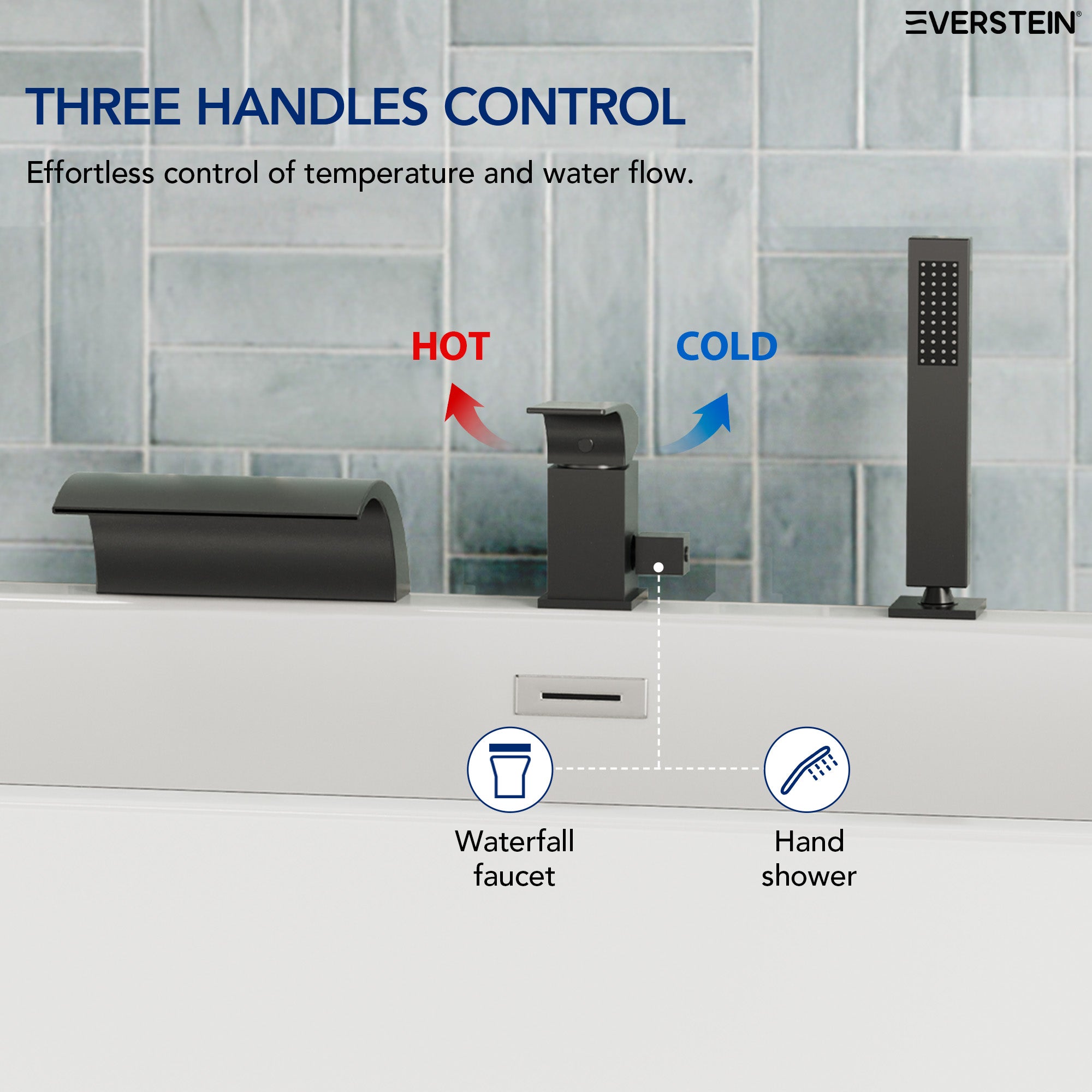 EVERSTEIN Waterfall Bathtub Faucet with Hand Shower