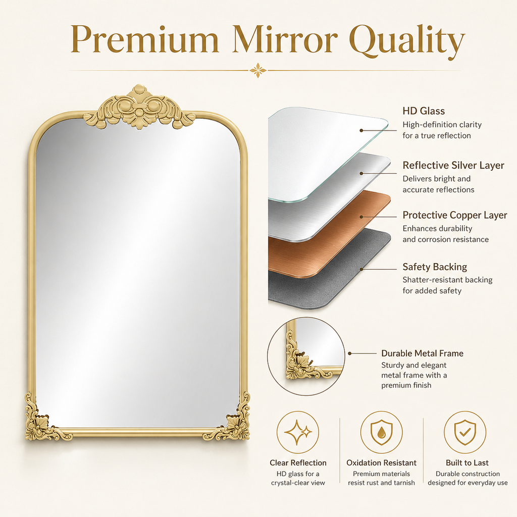 60x87 cm Gold Baroque Wall Bathroom Mirror, Decorative Metal Frame Bathroom Mirror for Living Room, Bedroom and Vanity Decor