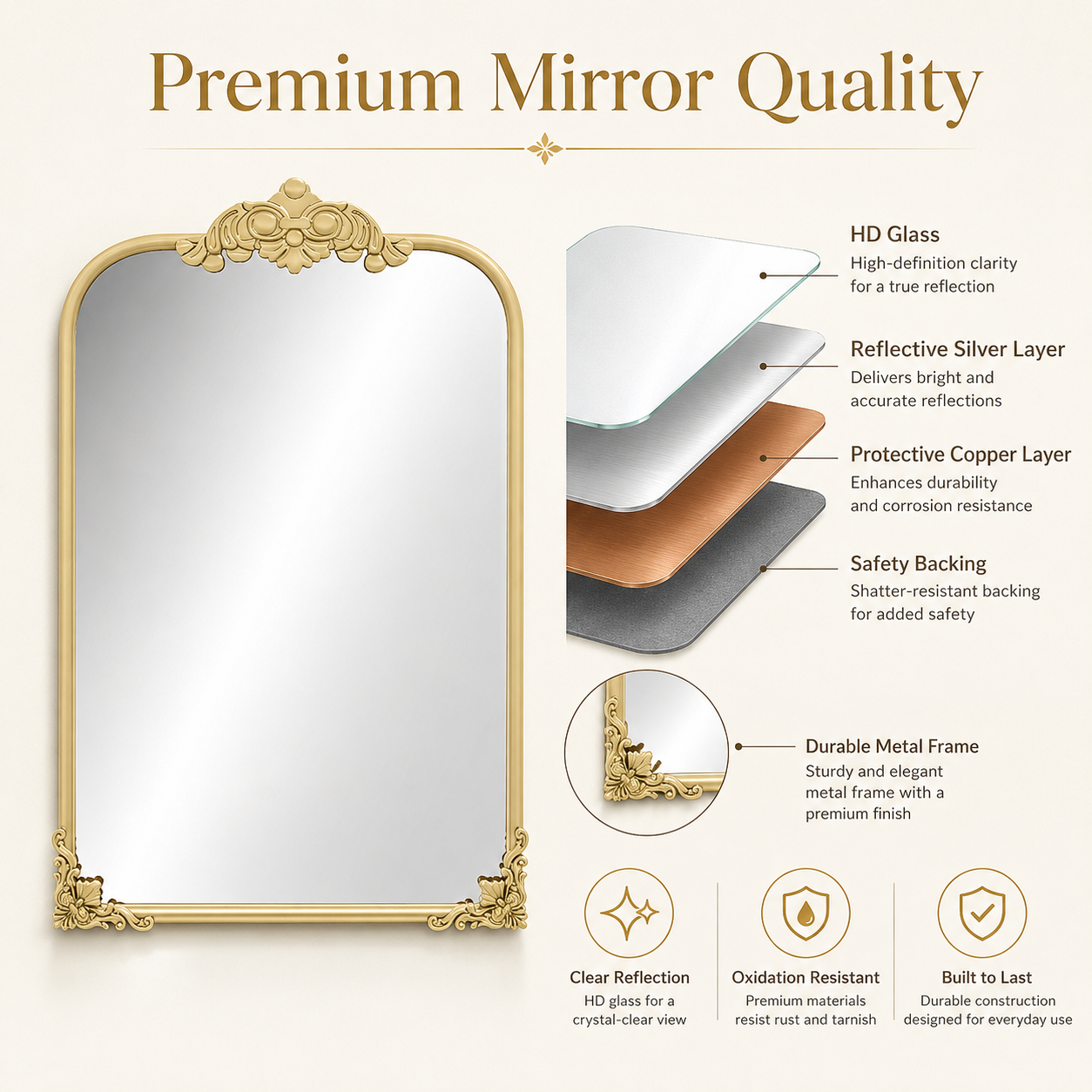60x87 cm Gold Baroque Wall Bathroom Mirror, Decorative Metal Frame Bathroom Mirror for Living Room, Bedroom and Vanity Decor