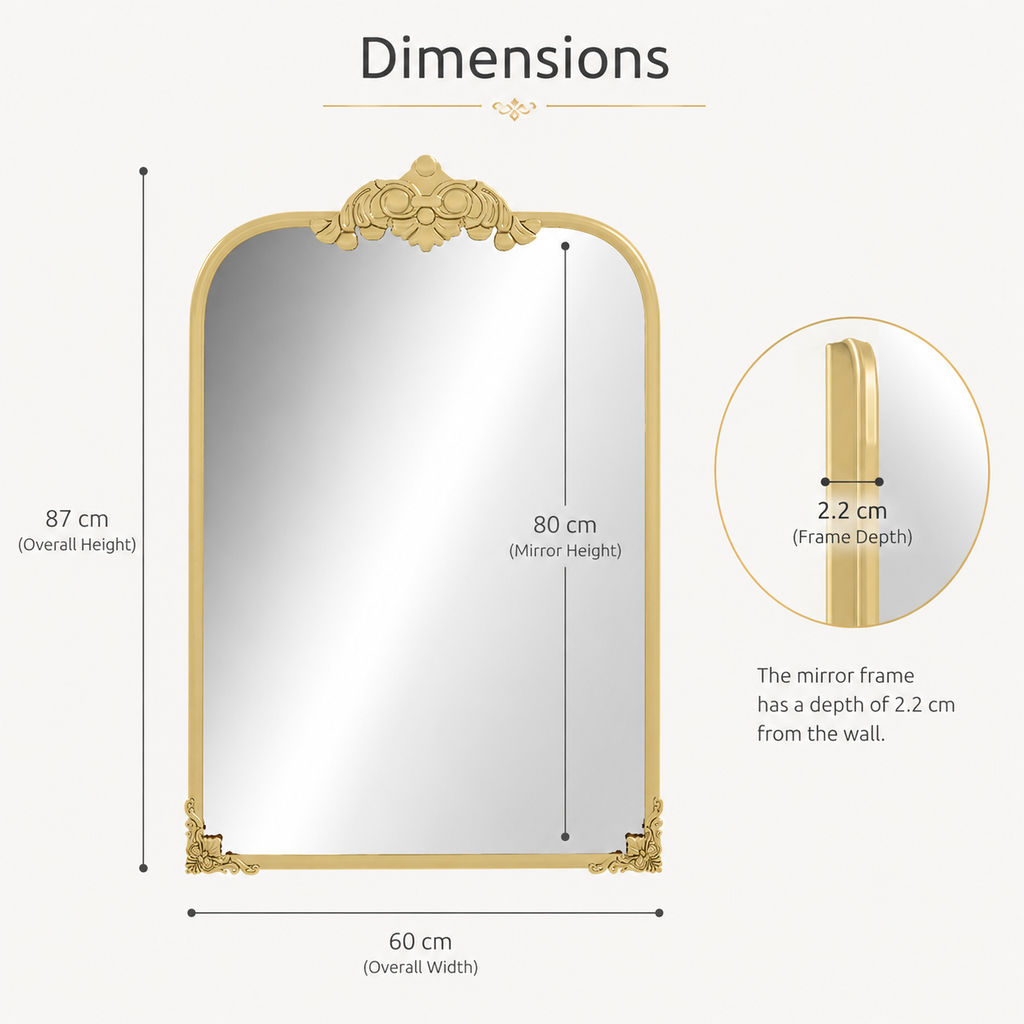 60x87 cm Gold Baroque Wall Bathroom Mirror, Decorative Metal Frame Bathroom Mirror for Living Room, Bedroom and Vanity Decor