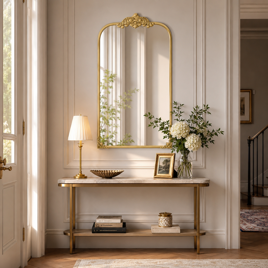 60x87 cm Gold Baroque Wall Bathroom Mirror, Decorative Metal Frame Bathroom Mirror for Living Room, Bedroom and Vanity Decor