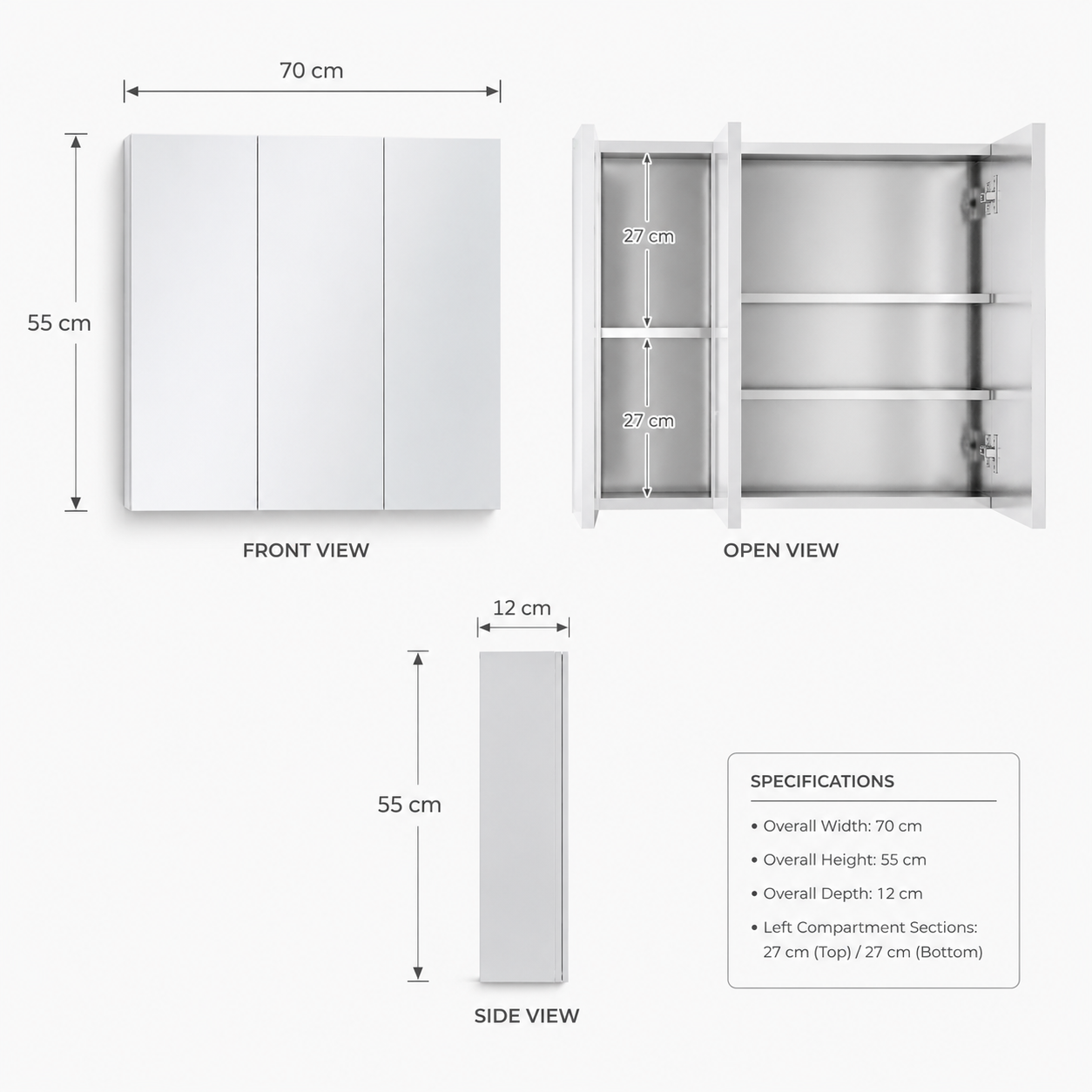 Silver Stainless Steel Bathroom Mirror Cabinet, 3 Glass Doors, 5 Shelves, Wall-Mounted Storage Cabinet 70x12x55 cm for Vanity Room