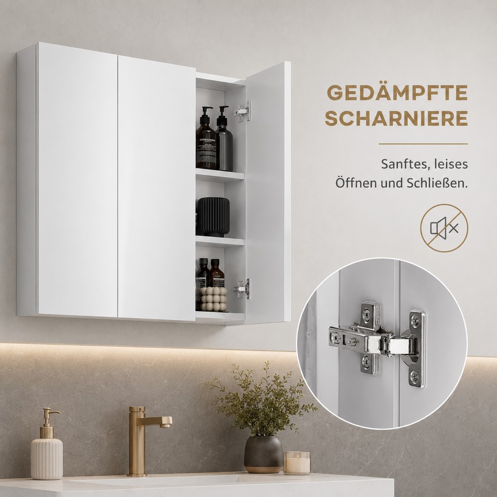 Silver Stainless Steel Bathroom Mirror Cabinet, 3 Glass Doors, 5 Shelves, Wall-Mounted Storage Cabinet 70x12x55 cm for Vanity Room