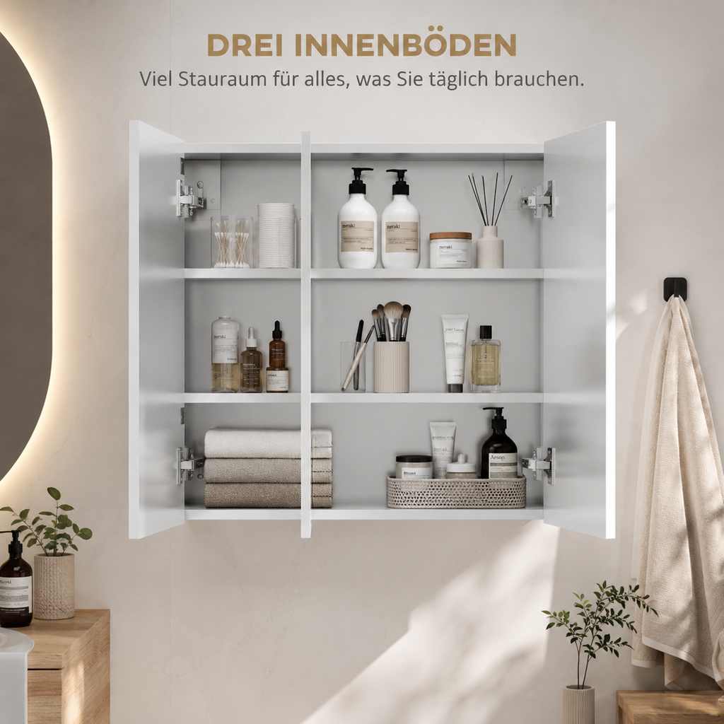 Silver Stainless Steel Bathroom Mirror Cabinet, 3 Glass Doors, 5 Shelves, Wall-Mounted Storage Cabinet 70x12x55 cm for Vanity Room