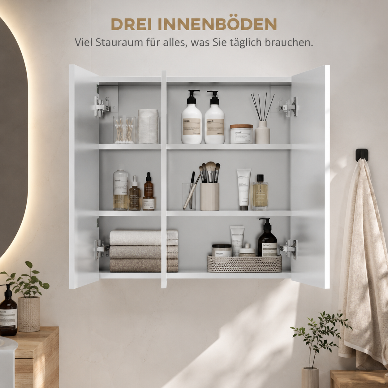 Silver Stainless Steel Bathroom Mirror Cabinet, 3 Glass Doors, 5 Shelves, Wall-Mounted Storage Cabinet 70x12x55 cm for Vanity Room