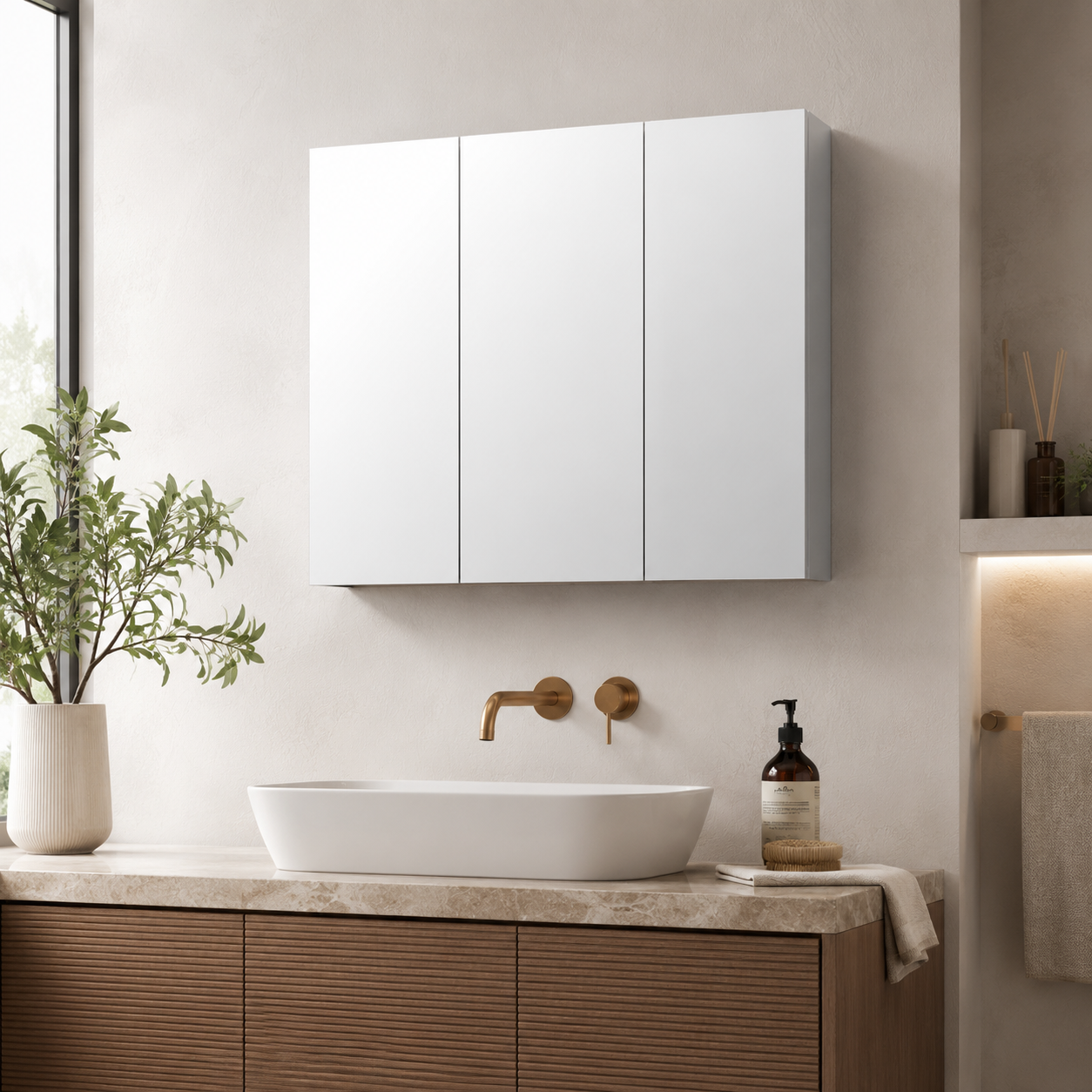 Silver Stainless Steel Bathroom Mirror Cabinet, 3 Glass Doors, 5 Shelves, Wall-Mounted Storage Cabinet 70x12x55 cm for Vanity Room