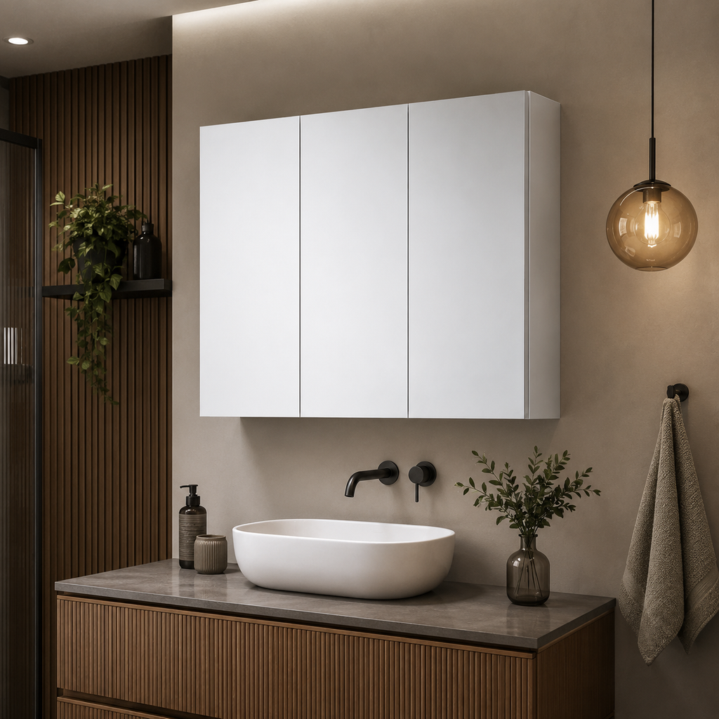 Silver Stainless Steel Bathroom Mirror Cabinet, 3 Glass Doors, 5 Shelves, Wall-Mounted Storage Cabinet 70x12x55 cm for Vanity Room