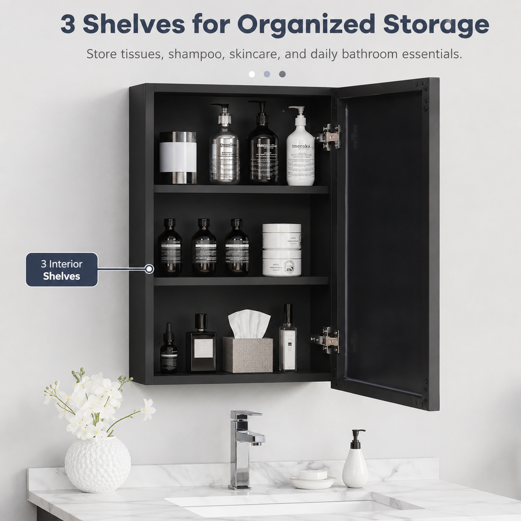 Black Wall-Mounted Bathroom Mirror Cabinet, 3-Tier Space-Saving Storage, Modern Medicine Cabinet for Bath, Vanity and Powder Room