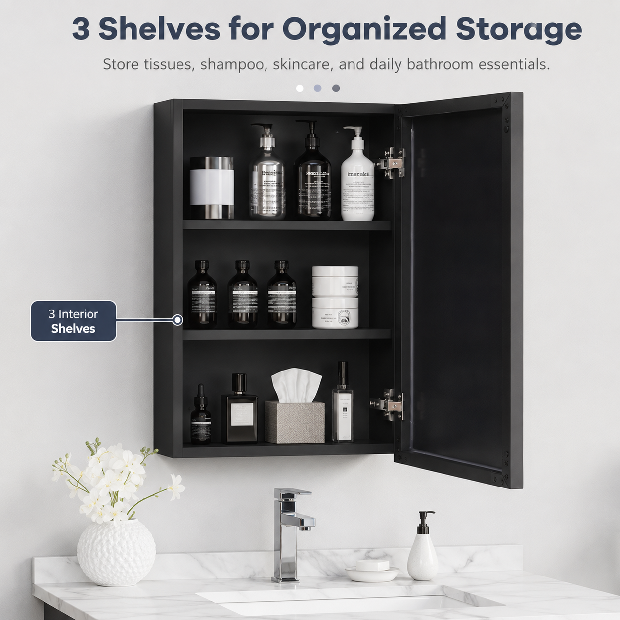 Black Wall-Mounted Bathroom Mirror Cabinet, 3-Tier Space-Saving Storage, Modern Medicine Cabinet for Bath, Vanity and Powder Room