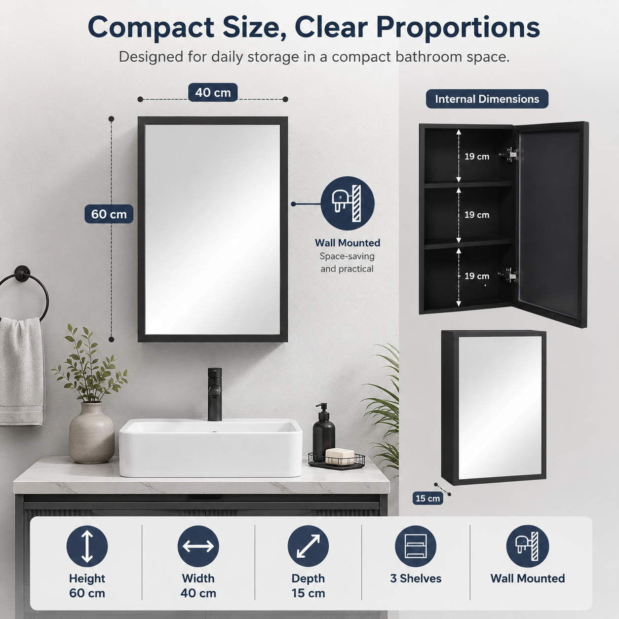 Black Wall-Mounted Bathroom Mirror Cabinet, 3-Tier Space-Saving Storage, Modern Medicine Cabinet for Bath, Vanity and Powder Room