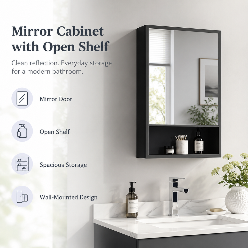 Black Wall-Mounted Bathroom Mirror Cabinet, 3-Tier Space-Saving Storage, Modern Medicine Cabinet for Bath, Vanity and Powder Room