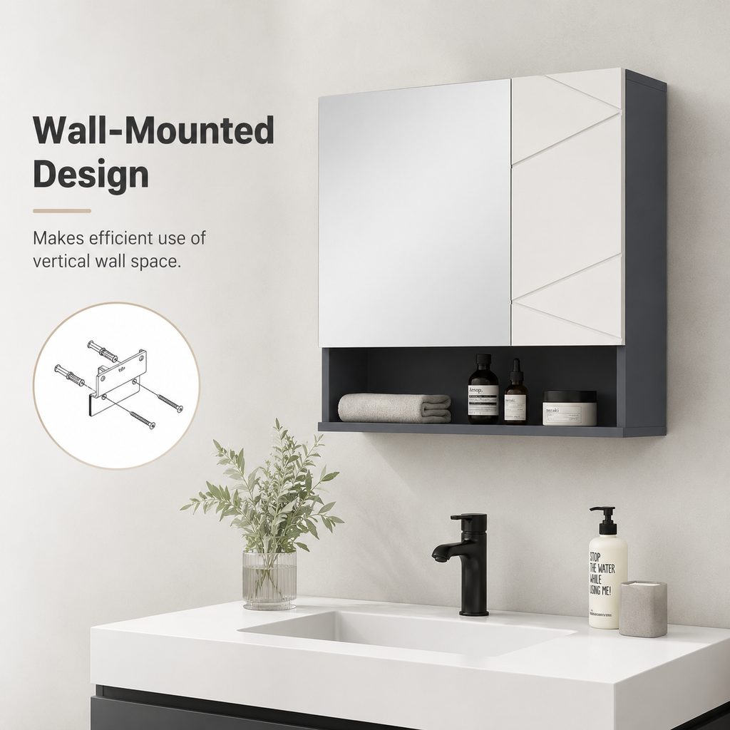 Gray Bathroom Mirror Cabinet with Anti-Fog Mirror Door, Adjustable Shelf, Open Cubby, Wall-Mounted Storage for Small Bath & Vanity