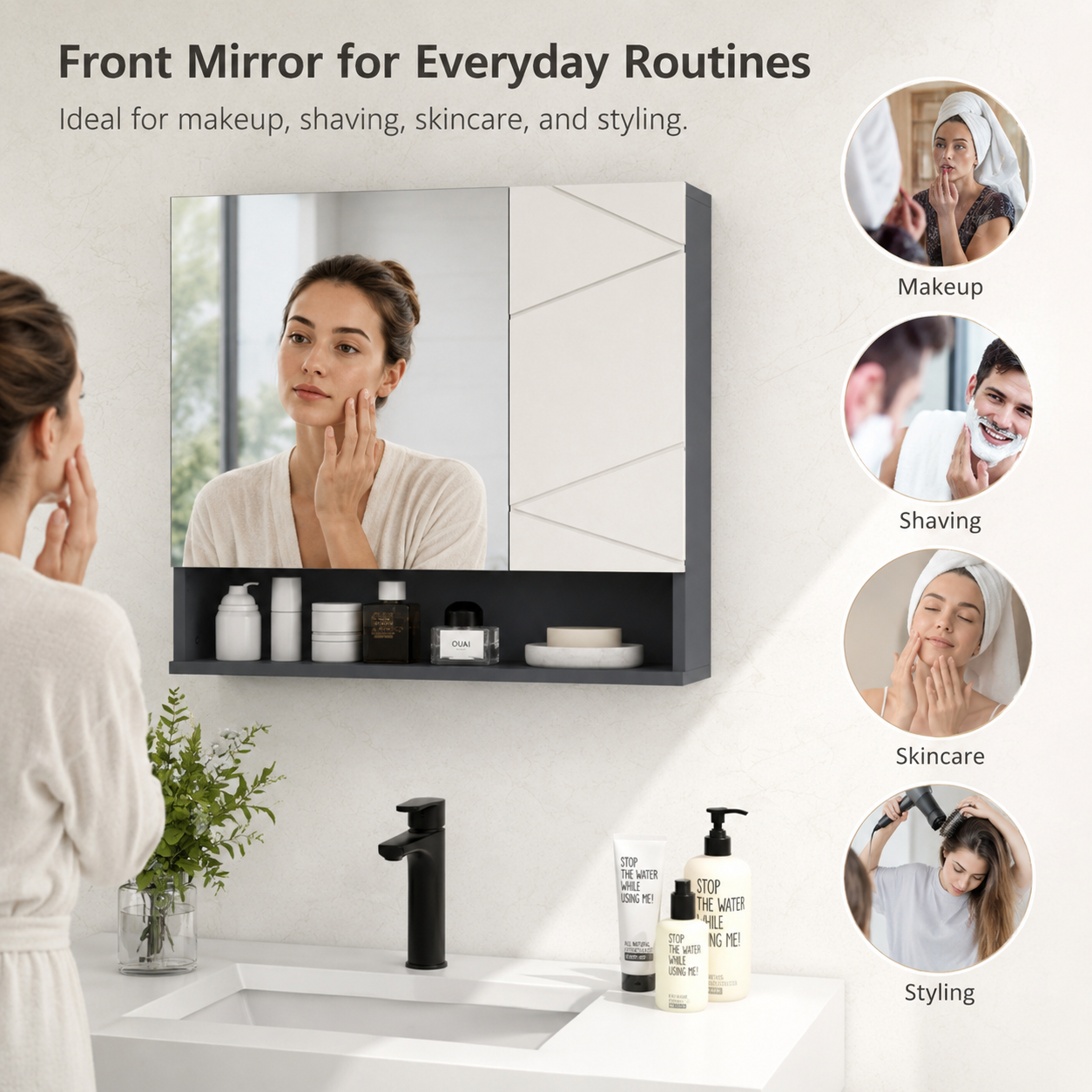 Gray Bathroom Mirror Cabinet with Anti-Fog Mirror Door, Adjustable Shelf, Open Cubby, Wall-Mounted Storage for Small Bath & Vanity