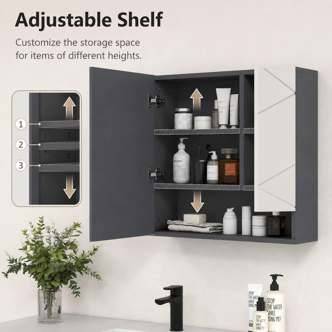 Gray Bathroom Mirror Cabinet with Anti-Fog Mirror Door, Adjustable Shelf, Open Cubby, Wall-Mounted Storage for Small Bath & Vanity
