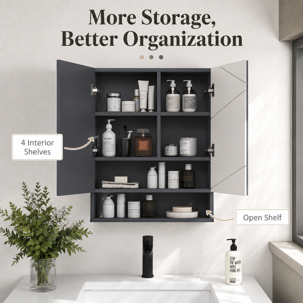 Gray Bathroom Mirror Cabinet with Anti-Fog Mirror Door, Adjustable Shelf, Open Cubby, Wall-Mounted Storage for Small Bath & Vanity