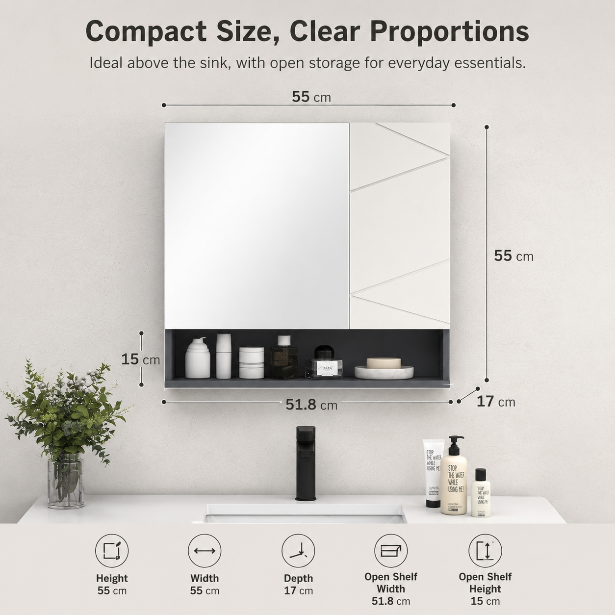 Gray Bathroom Mirror Cabinet with Anti-Fog Mirror Door, Adjustable Shelf, Open Cubby, Wall-Mounted Storage for Small Bath & Vanity