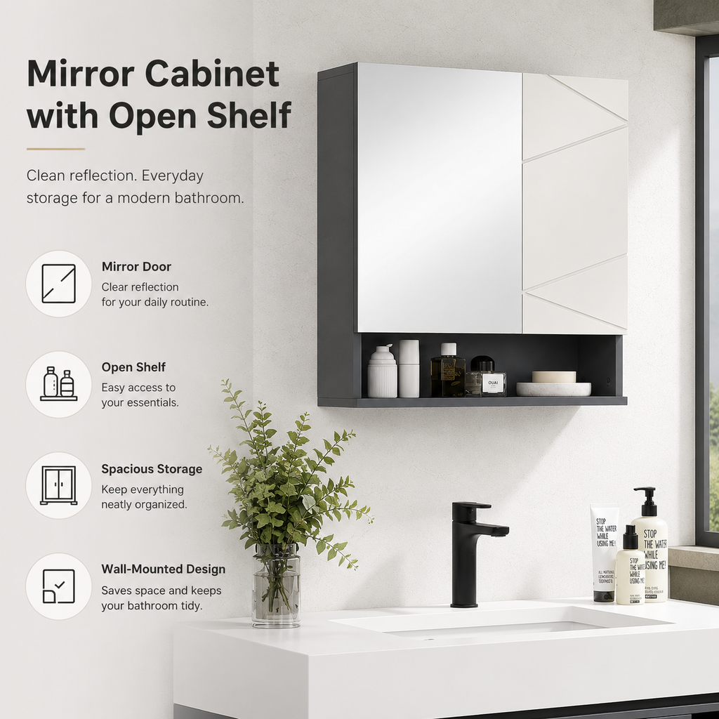 Gray Bathroom Mirror Cabinet with Anti-Fog Mirror Door, Adjustable Shelf, Open Cubby, Wall-Mounted Storage for Small Bath & Vanity