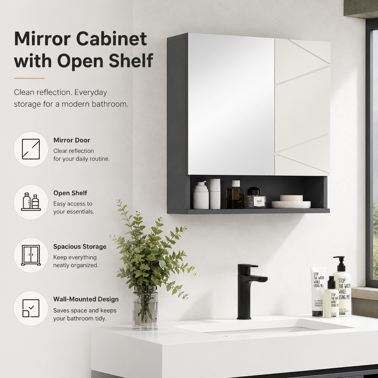 Gray Bathroom Mirror Cabinet with Anti-Fog Mirror Door, Adjustable Shelf, Open Cubby, Wall-Mounted Storage for Small Bath & Vanity